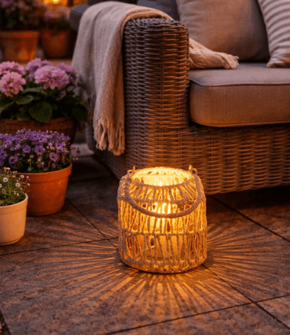Felinar decorativ pătrat împletit, 13 × 13 cm, cu suport pentru lumânare