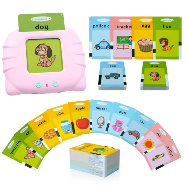 Jucărie educativă Montessori Vala, limba engleză, 112 carduri și 224 cuvinte, roz