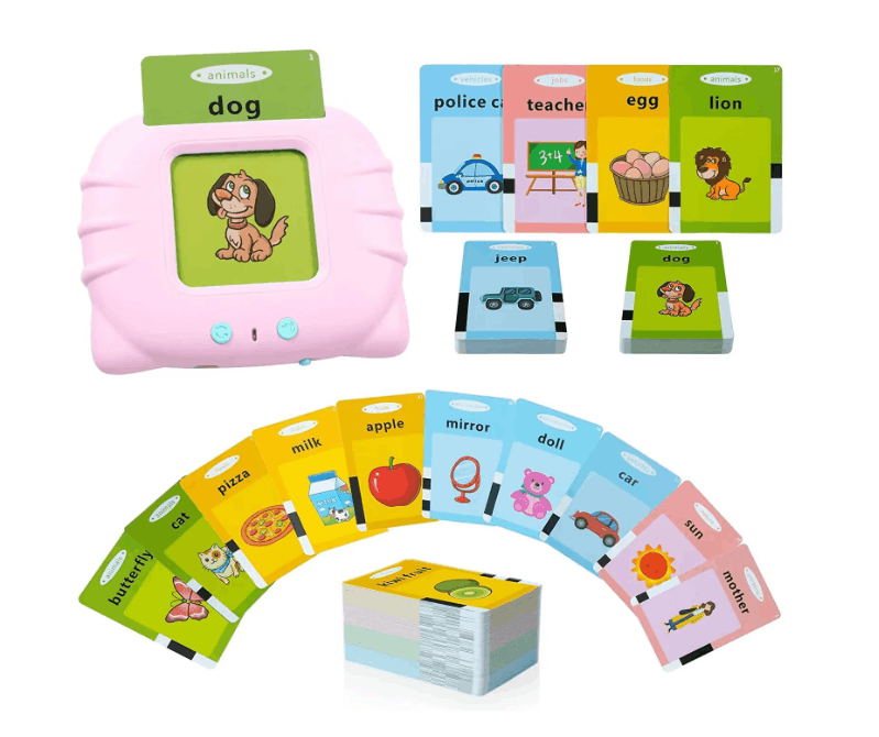 Jucărie educativă Montessori Vala, limba engleză, 112 carduri și 224 cuvinte, roz